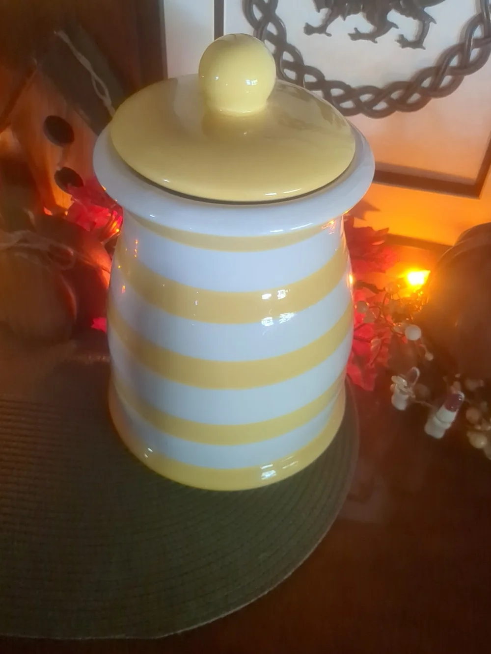 Yellow and White Striped Ceramic Canister - Home Accents